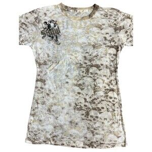 Sinful T-Shirt Womens Brown Y2K Skull Wings Transparent Grunge Distressed HTF